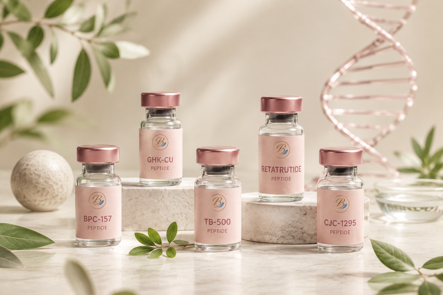 Luxury peptide bottle presentation with clinical wellness styling